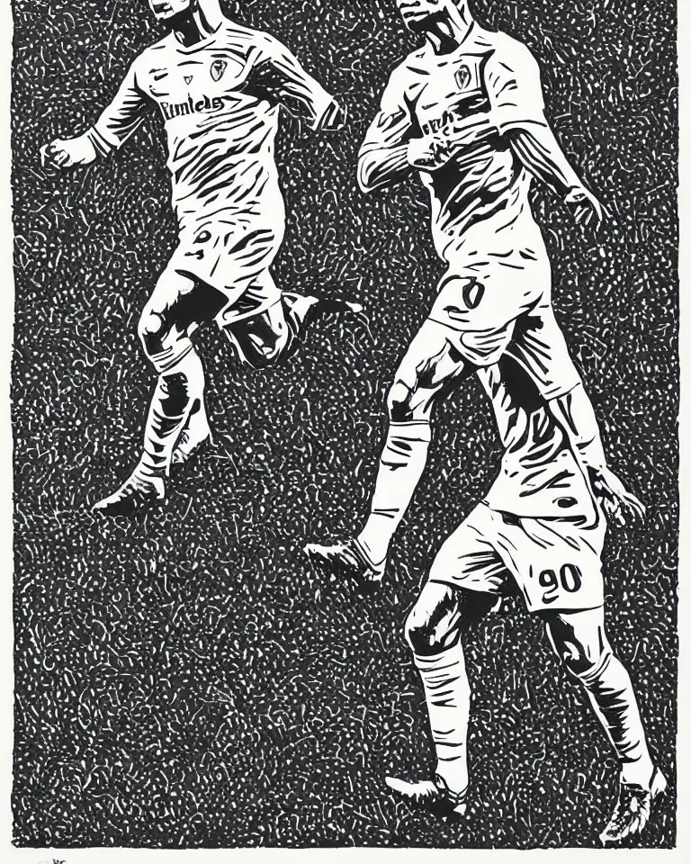 Image similar to a detailed lifelike linocut engraving of ronaldo fenomeno