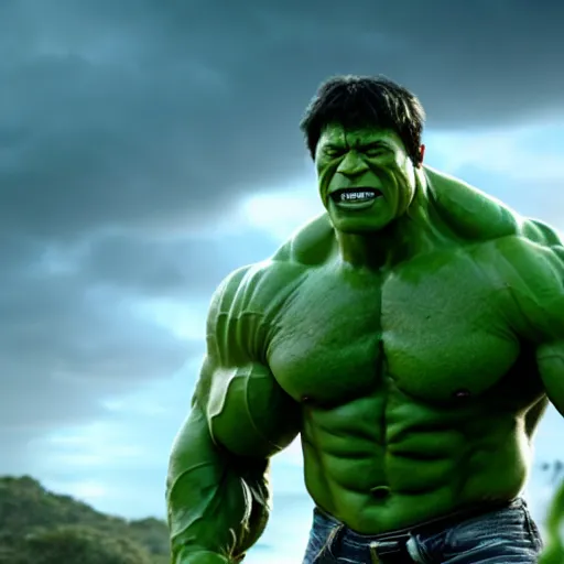 Image similar to dwayne johnson as incredible hulk, marvel cinematic universe, mcu, 4 k, raw, unedited, green skin, in - frame, cinematic lighting, photorealistic, octane render, 8 k, depth of field,