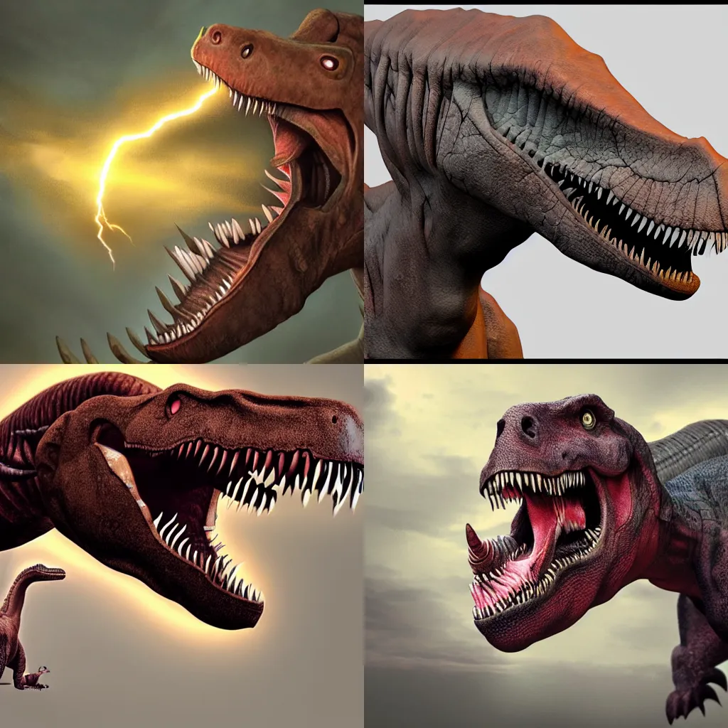 Prompt: realistic digital art, dinosaur charged with lightning, hd, trending on artstation
