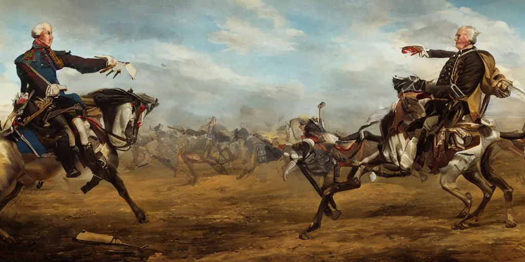 Image similar to George Washington rides a motorcycle to attack the British army in the revolutionary war, epic, cinematic, concept Art, detailed, 4K