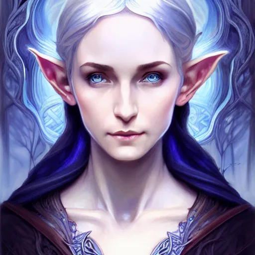 Image similar to Portrait of elvish female wizard, D&D, blue eyes, face, short silver hair, fantasy, intricate, elegant, highly detailed, digital painting, artstation, concept art, smooth, sharp focus, illustration, deep forest on background, art by artgerm and greg rutkowski and alphonse mucha