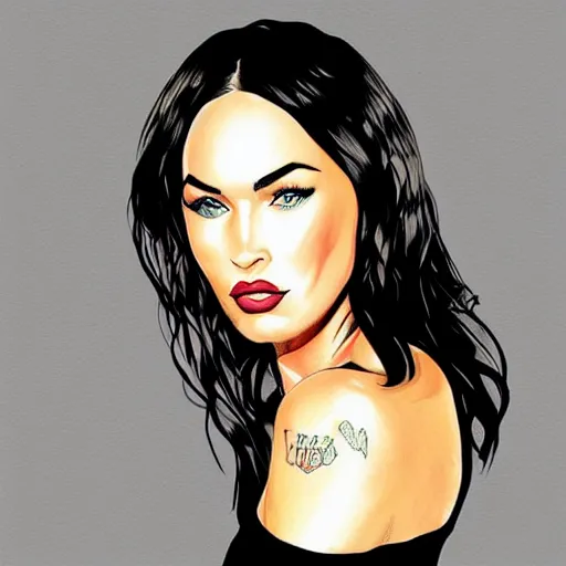 Prompt: “Megan Fox portrait, color illustration by theflowerguy”