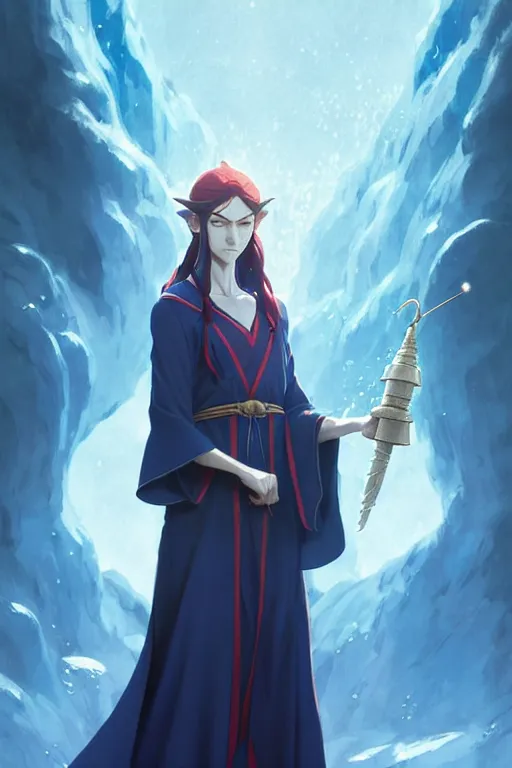 Image similar to elvish female sorcerer doing water magic spells, blue robes, red hair, finely detailed perfect face, exquisite details, mid view, design on a white background, by studio muti, greg rutkowski makoto shinkai takashi takeuchi studio ghibli