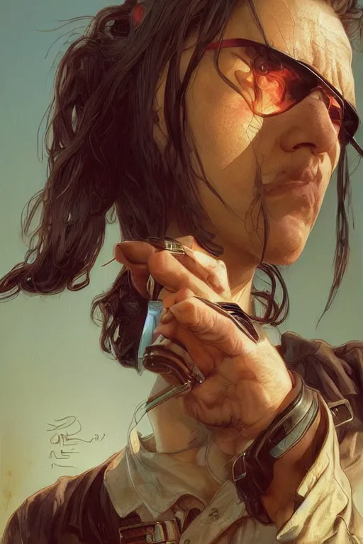 Image similar to Cinematic portrait of a Redneck version of Neo from The Matrix outside his trailer park home, highly detailed, digital painting, artstation, concept art, smooth, sharp focus, illustration, art by artgerm and greg rutkowski and alphonse mucha