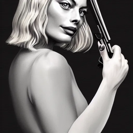 Image similar to a margot robbie wearing a business, she has grey hair and is holding a revolver, digital painting, smooth, hd, realist, artstation, deviantart