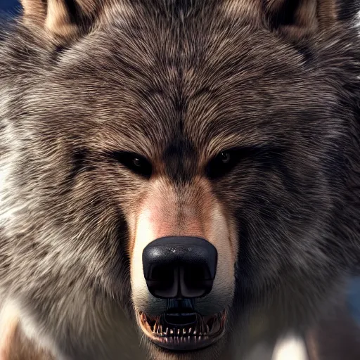 Image similar to portrait of werewolf, hyper realistic, 8 k, unreal engine, realistic brown fur