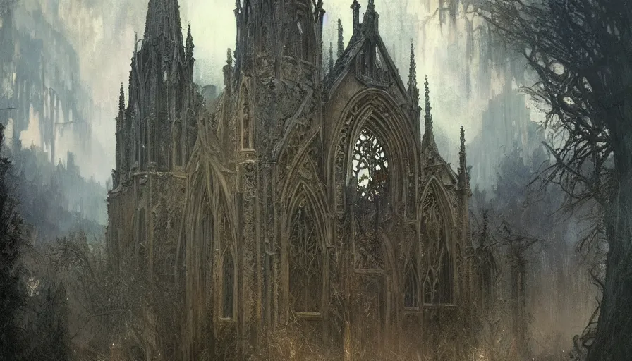 Prompt: a beautiful intricate painting of a abandoned gothic church, in dark evil fantasy forest, reflections, very high details by william turner art, greg rutkowski and alphonse mucha, trending on artstation, very very detailed, masterpiece,