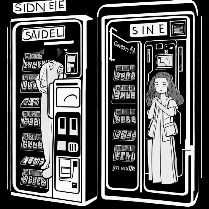 Image similar to sadie sink as a miner in a minimalist old - fashioned automated kiosk / vending machine with options to choose from. storyboard, scifi cyberpunk. by gabriel hardman, joe alves, chris bonura. cinematic atmosphere, detailed and intricate, perfect anatomy