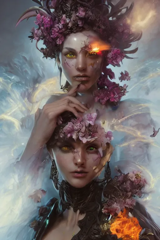 Image similar to face closeup of beautiful girl necromancer, witch - doctor exploding into flowers, angels, 3 d render, hyper - realistic detailed portrait, holding fire and electricity, ruan jia, wlop. scifi, fantasy, magic the gathering, hyper detailed, octane render, concept art, peter mohrbacher