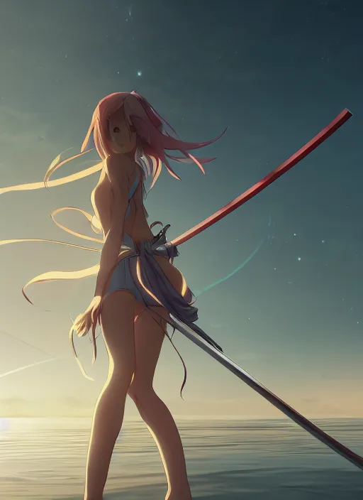 Image similar to anime girl with a katana walking on water, ripples, backdrop of dawn, backshot, saturn in the background, low angled illustration from demon slayer, concept art, anime, key visual, trending pixiv fanbox by wlop and greg rutkowski and makoto shinkai and studio ghibli