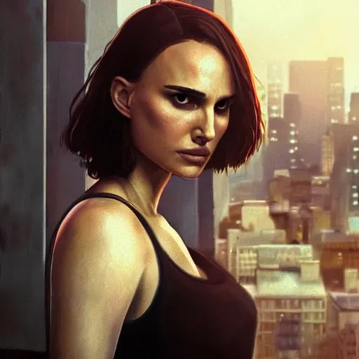 Prompt: closeup portrait of natalie portman from the movie leon the professional, hitman, city background, dramatic light, gorgeous view, depth, high detail, digital art, painted by greg rutkowski and seb mckinnon, by tim burton, trending on artstation