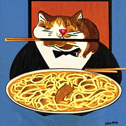 Image similar to fat cat eating noodles on toast, roaring 2 0 s art style