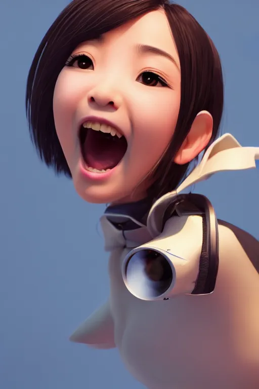 Image similar to a cute Asian girl singing, short stylish hair in the style of DreamWorks animation, mid-shot, low angle view, 16mm lens, award winning, hyper detailed, studio lighting, artstation, octane renderer, unreal engine