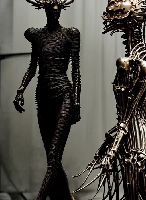 Prompt: walking down the catwalk, show, stage, vogue photo, podium, fashion show photo, iris van herpen baroque dress, beautiful woman, perfect body, full body shot, helmet on face, masterpiece, guyver, giger, biomechanical details, denis villeneuve, movie still, fauvism, cinestill, bokeh