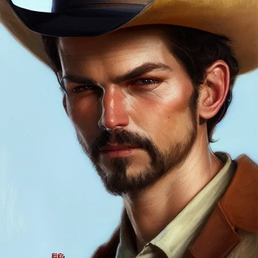 Prompt: portrait of a cowboy, elegant, intricate, headshot, D&D, fantasy, highly detailed, digital painting, artstation, concept art, sharp focus, illustration, art by artgerm and greg rutkowski and alphonse mucha