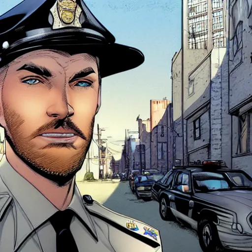 Image similar to portrait of a blonde pale police officer with short hair and a patchy beard, close up, grimy streets backdrop, detailed, art by russell dauterman and patrick gleason and stefano caselli and marco checchetto and esad ribic