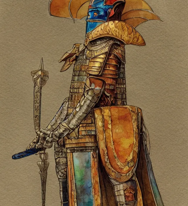 Image similar to a watercolor ink painting of a egyptian knight in the style of jean giraud in the style of moebius trending on artstation deviantart pinterest detailed realistic hd 8 k high resolution