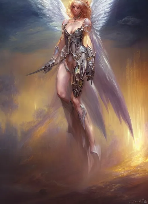 Image similar to concept art, angel knight girl. by artstation trending, by joseph mallord william turner, luis royo, konstantin razumov, cinematic lighting, fractal flame, highly detailed