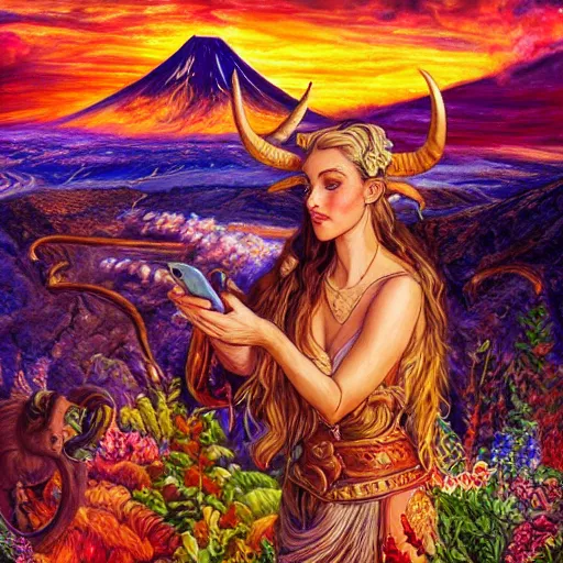 Prompt: painting by senior concept artist josephine wall, horned ram goddess checking her cell phone, erupting volcano and sunset in distance in background, flowers in foreground, trending on artstation, zodiac, fantasy, acrylic on canvas, intricately detailed, highly detailed, high resolution, 8 k,