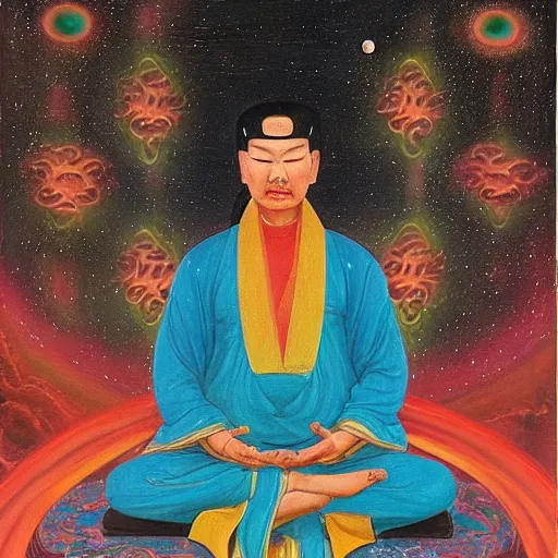 Prompt: jade emperor meditates in space, absorbing the energy of galaxies to create his metaverse, soft light, realism, maximum detail, high quality, good study of style, depth of field, focus, painting classicism and abstractionism