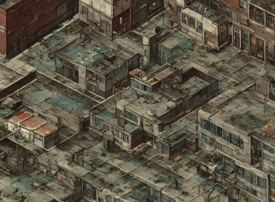 Prompt: Screenshot of an outside of an abandoned and rusty Polish apartment building in Fallout 2 (1998), isometric perspective, postapocalyptic, bird's eye view, prerendered isometric graphics, high quality