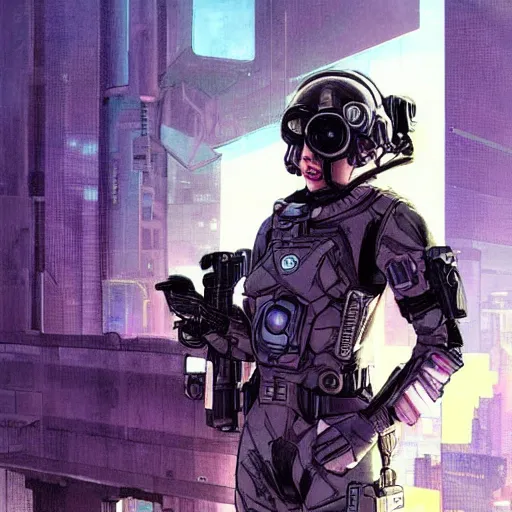 Image similar to Selina. USN special forces futuristic recon operator, cyberpunk military hazmat exo-suit, on patrol in the Australian autonomous zone, deserted city skyline. 2087. Concept art by James Gurney and Alphonso Mucha