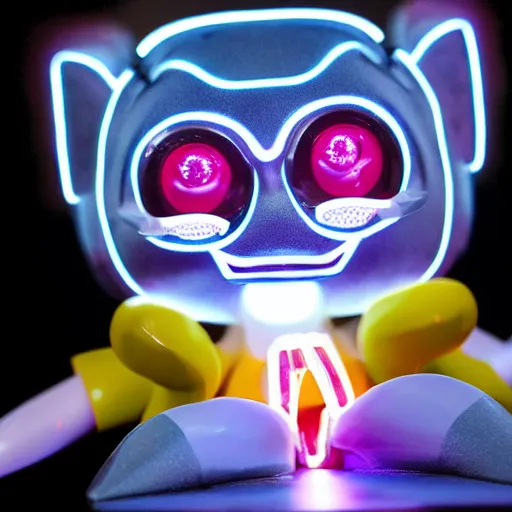 Image similar to a highly detailed vinyl figure with lighting bolts coming out of its eyes, square nose, electric eyes, sparking eyes, realistic lighting, realistic reflections, detailed background