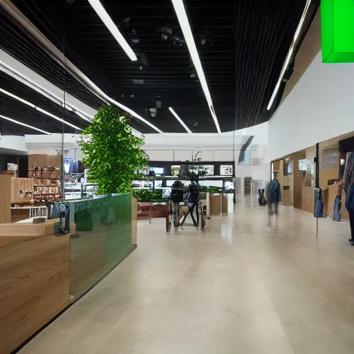 Prompt: interior photography of a Microsoft Samsung flagship store, wood, polished concrete, spotlights, verdant plants green wall, water feature, award winning interior design, patterns, retaildesignblog, retail-focus, retaildive, dezeen, 14mm, 8k, cinestill, pentax, film