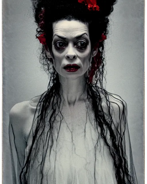 Image similar to an instant photo of a beautiful but sinister bride of frankenstein in layers of fear, with haunted eyes and curly hair, 1 9 7 0 s, seventies, delicate embellishments, a little blood, crimson, painterly, offset printing technique, mary jane ansell