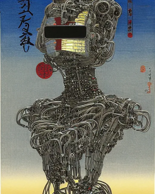 Image similar to Hiroshige portrait of a robot saint made of cables and robotic pod by Claudio Mazzoli