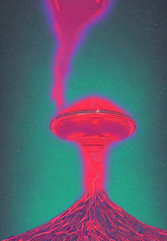 Prompt: a sky view of a massive intrincate chrome alien spaceship emerging from an active volcano, horror, holographic, synthwave color palette, risographic, digital art, 4 k, vintage sci - fi, inspired by moebius, inspired by thimbwhite, inspired by h. r. giger