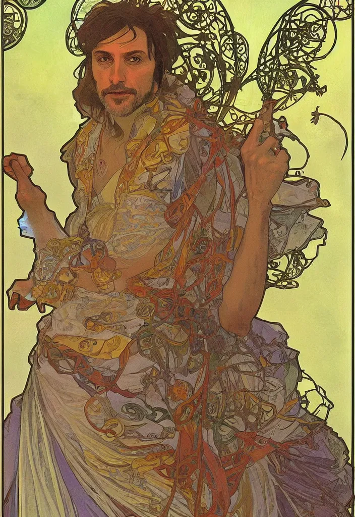 Image similar to Jurgen Schmidhuber on a tarot card, tarot in art style by Alphonse Mucha