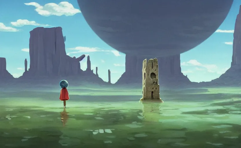 Image similar to hyperrealist painting of a cube inside a giant transparent bubble from howl's moving castle ( 2 0 0 4 ) in a flooded monument valley stonehenge jungle. 1 9 7 0 s science fiction, moody, misty, depth perception, 4 k, artstation, in the style of studio ghibli