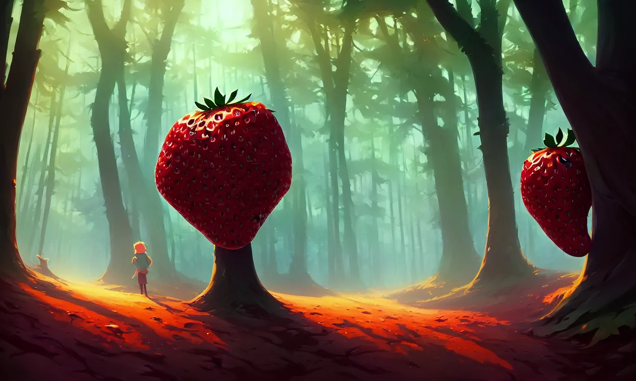 Image similar to Dark forest a large strawberry in the foreground, behance hd by Jesper Ejsing, by RHADS, Makoto Shinkai and Lois van baarle, ilya kuvshinov, rossdraws global illumination