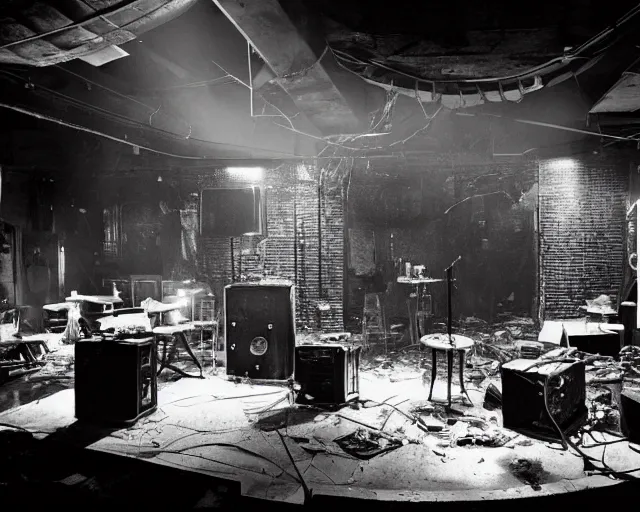 Prompt: diorama of a stage at a basement club, moody lights, broken computers and cables, glass shards, centered, composition by Tom Waits, 8k, concert documentary, b&w photography, cinematography by Jim Jarmusch, set design by Antonin Gaudí