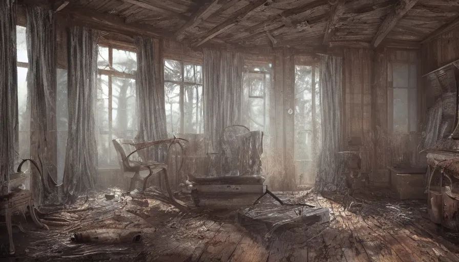 Image similar to interior of an old bloody cabin, cobwebs and dust, forest, broken windows, bloody curtains, hyperdetailed, artstation, cgsociety, 8 k