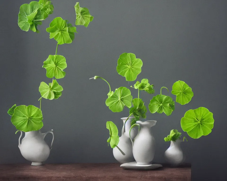 Prompt: photorealistic still life arrangement of a flowering nasturtium surrounded by blueish smoke with soft light coming from a window in a very dark room