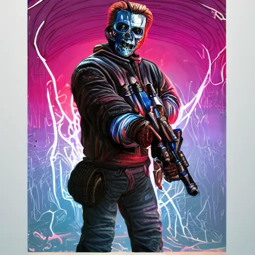 Image similar to terminator, wizard of oz, technicolour, lineart, higly detailed, artstation
