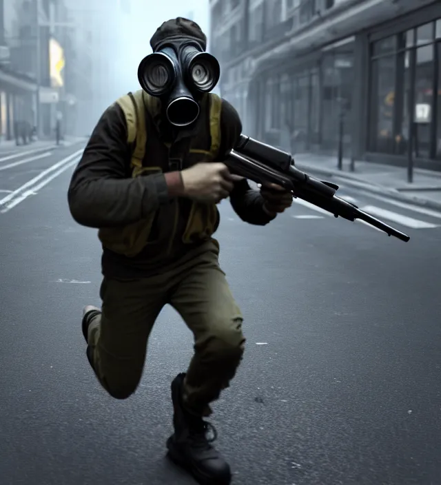 Prompt: a man wearing gas mask, holding shotgun, running on the street full of people, no one notice him. concept art, unreal engine 5, maya