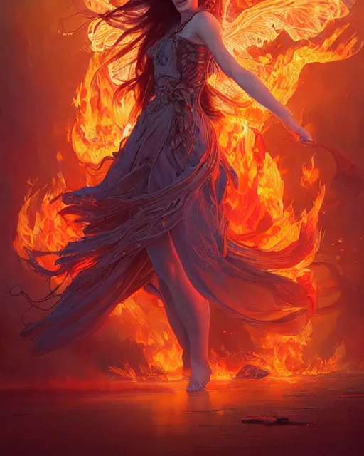 Image similar to beautiful long haired girl, fire dress, full body photo, flames everywhere, highly detailed, digital painting, artstation, concept art, smooth, sharp focus, illustration, art by artgerm and greg rutkowski and alphonse mucha