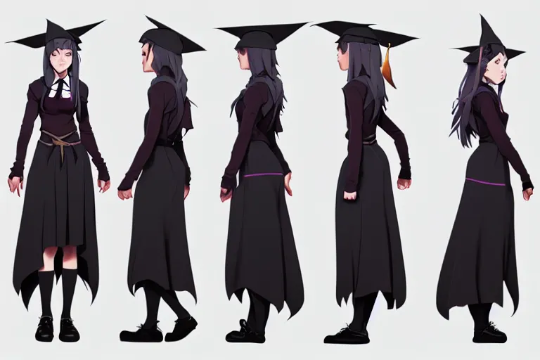 Image similar to character sheet of attractive female student witch, magic school uniform, luminous hair color, by greg rutkowski and studio ghibli, digital art, trending on artstation, highly detailed, concept art, beautiful, masterpiece