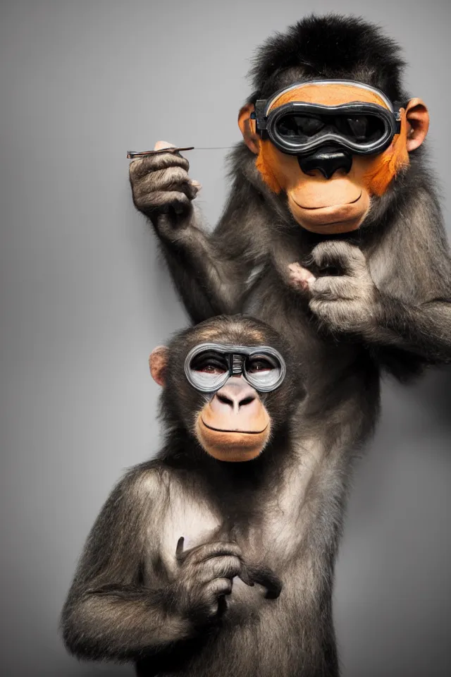 Prompt: portrait photograph a super villain wearing a monkey mask and welding goggles medium shot, dark background, lit from above,