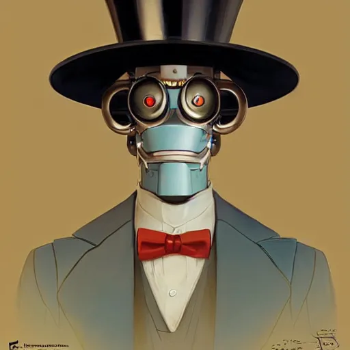 Image similar to a prim futurama robot bender with a top hat on his head and a monocle. digital art, artstation, concept art, smooth, sharp focus, illustration, art by artgerm and greg rutkowski and alphonse mucha and loish and wlop