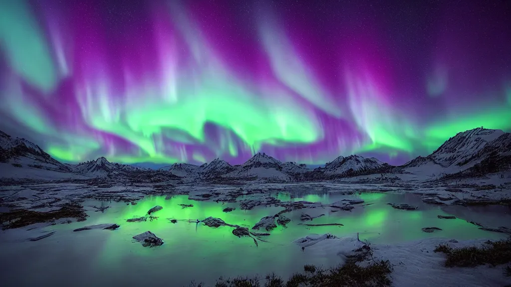 Image similar to amazing landscape photo of aurora lights with lake by marc adamus, beautiful dramatic lighting