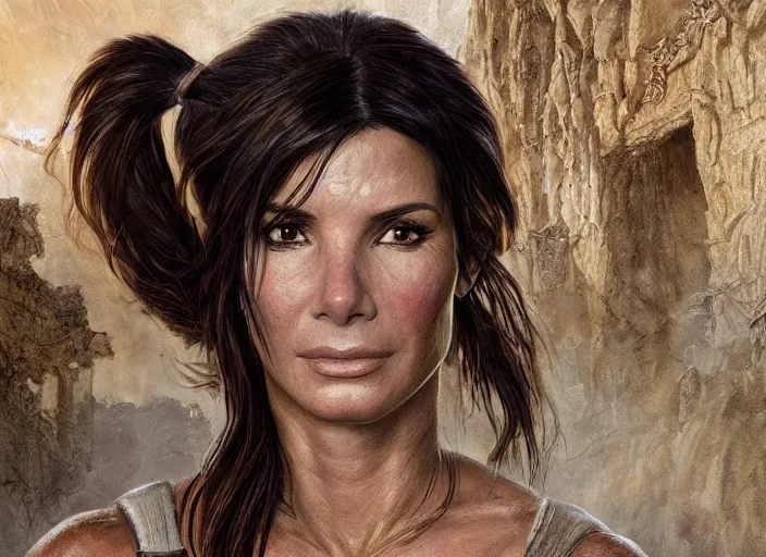 Image similar to face portrait of concentrated young Sandra Bullock as Lara Croft with pig-tails entering an incredible epic ruin, glorious sun beams, intricate, elegant, highly detailed, digital painting, short focus, illustration, Allan Lee, John Howe