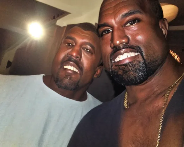 Image similar to my dad that looks like a poor version of Kanye West accidentally taking a selfie with the front camera, squinting because the camera flash is so bright in his face