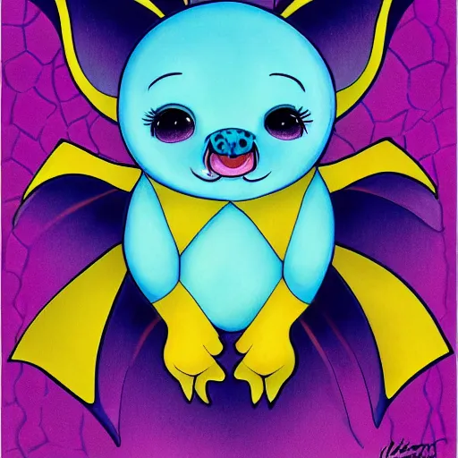 Prompt: original illustration of an adorable chubby baby bat by Lisa Frank