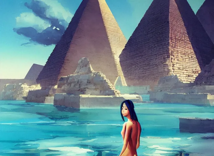 Prompt: lee jin - eun in luxurious dress emerging from turquoise water in egyptian pyramid city during an eclipse by peter andrew jones and conrad roset, rule of thirds, elegant look, beautiful, chic, face anatomy, cute complexion