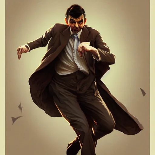 Image similar to Mr Bean playing soccer, D&D, fantasy, intricate, elegant, highly detailed, digital painting, artstation, concept art, matte, sharp focus, illustration, art by Artgerm and Greg Rutkowski and Alphonse Mucha