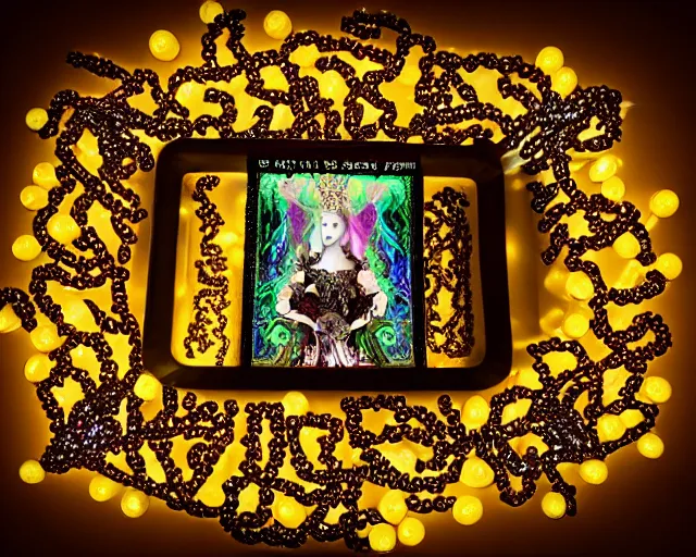 Image similar to baroque bedazzled gothic royalty frames surrounding a pixelsort energy drink made out of glowing ooze, candy worms, and mud.